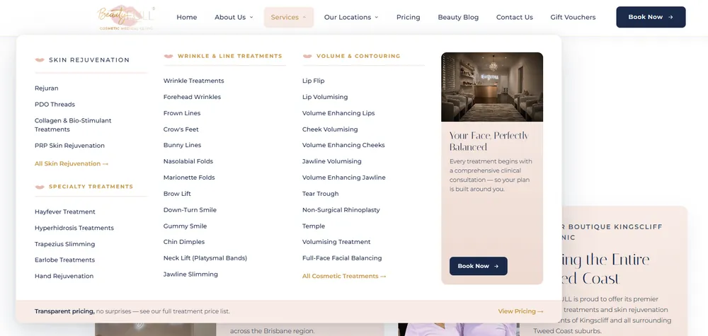 BeautyFULL Cosmetic Medical Clinic treatment menu and site navigation