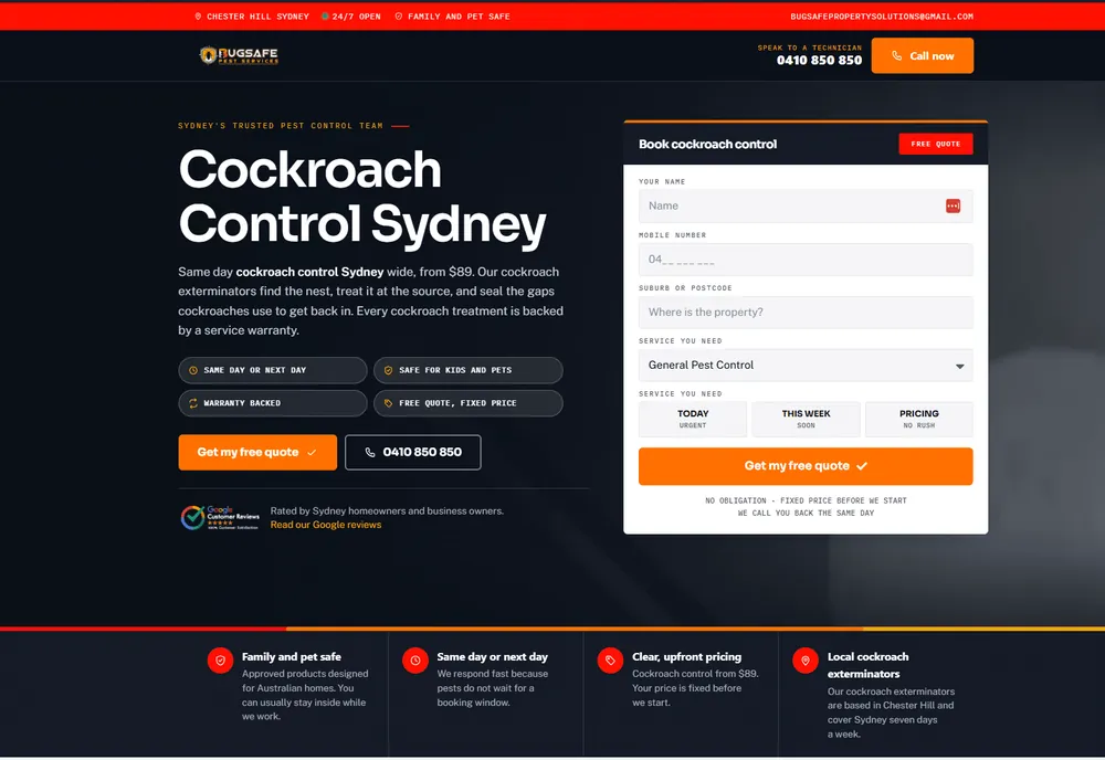BugSafe Pest Services cockroach control landing page